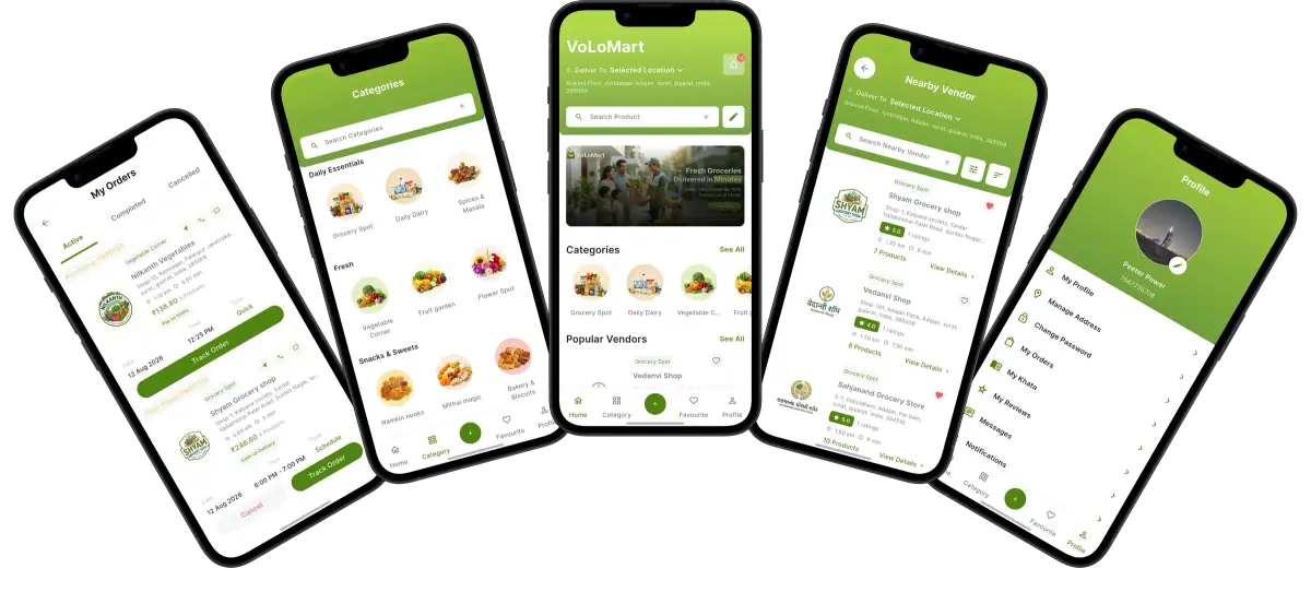 VoLoMart app screens showing orders, services, home, vendors, and profile