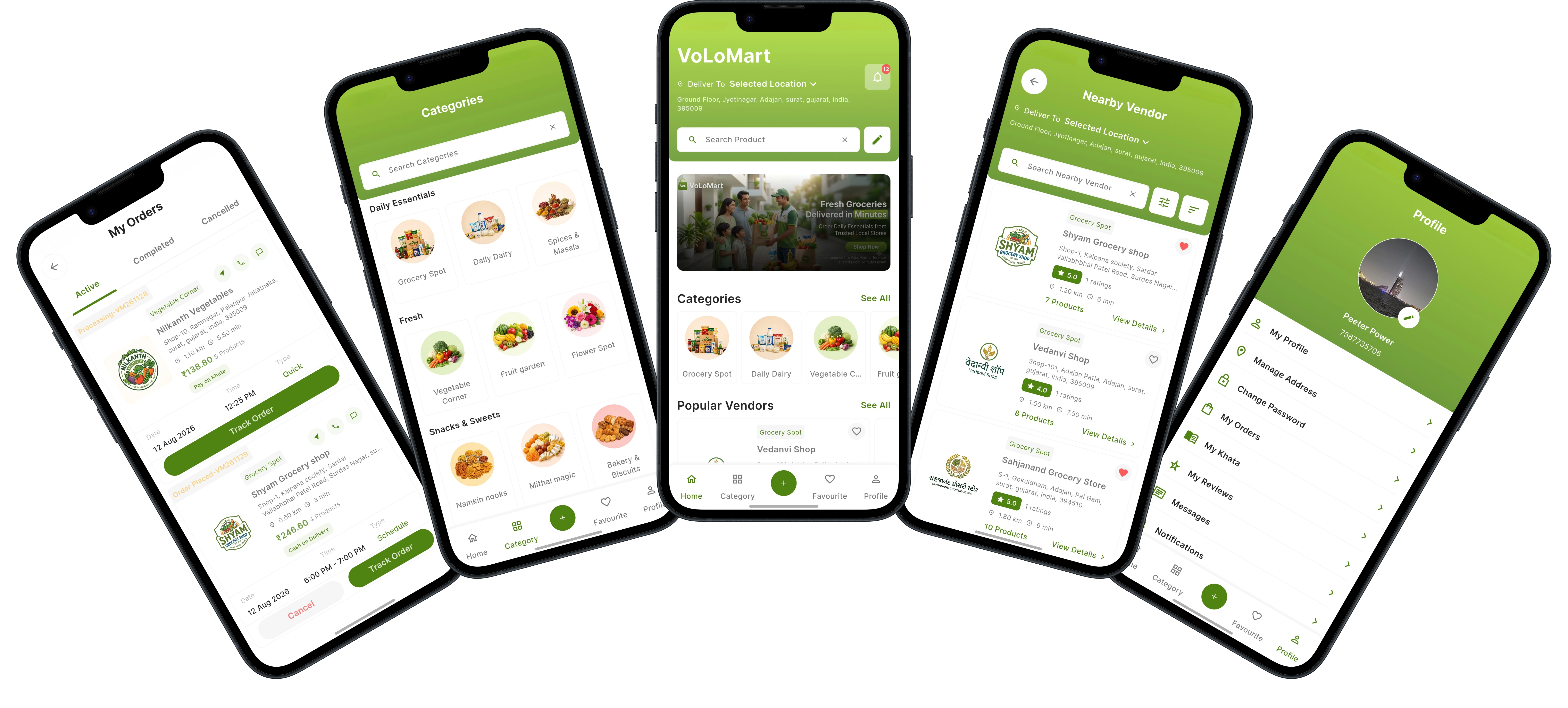 VoLoMart app screens showing orders, services, home, vendors, and profile